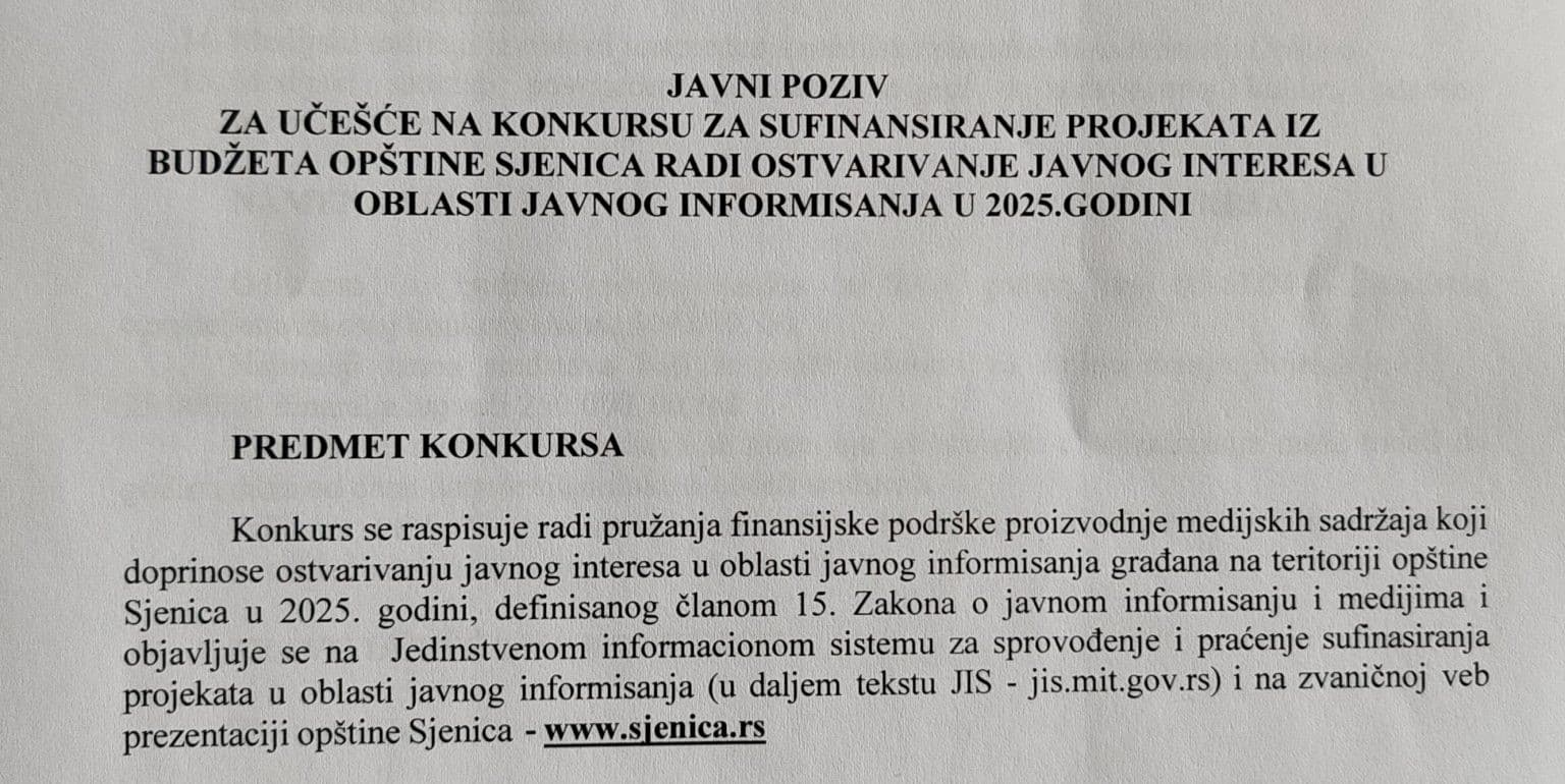 The Municipality of Sjenica has withdrawn the disputed tender and issued a new one, open to all media.